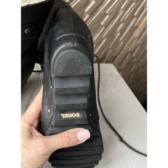 Sorel Joan of Arctic Leather Wedge Boots Black Heels Sz 9.5 Fur Wool Collar - Picture 13 of 16
